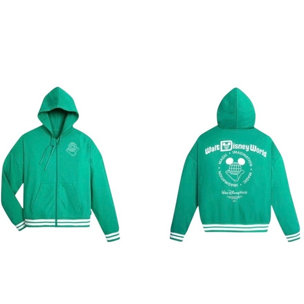 NWOT Disney Walt Disney World Varsity Zip Hoodie Women‎ Large Green Mickey Globe